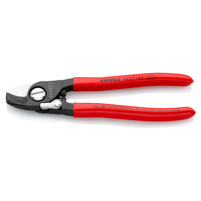 Kìm cắt cáp, tích hợp lò xo tự mở KNIPEX 95 21 165 chiều dài 165mm, mạ đen nhám, tay cầm bọc nhựa kháng dầu mở