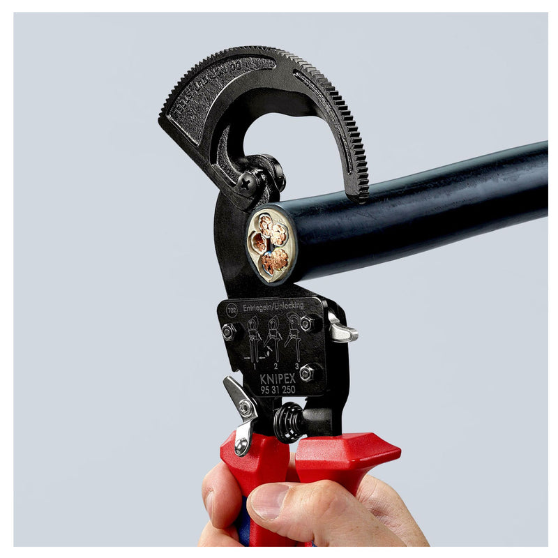 Kìm cắt cáp nhông 2 giai đoạn, cho cáp đồng và nhôm KNIPEX chiều dài từ 250mm - 280mm, sơn đen chống ăn mòn, tay cầm bọc nhựa chống trượt