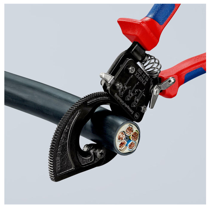 Kìm cắt cáp nhông 2 giai đoạn, cho cáp đồng và nhôm KNIPEX chiều dài từ 250mm - 280mm, sơn đen chống ăn mòn, tay cầm bọc nhựa chống trượt