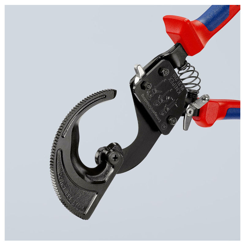 Kìm cắt cáp nhông 2 giai đoạn, cho cáp đồng và nhôm KNIPEX chiều dài từ 250mm - 280mm, sơn đen chống ăn mòn, tay cầm bọc nhựa chống trượt