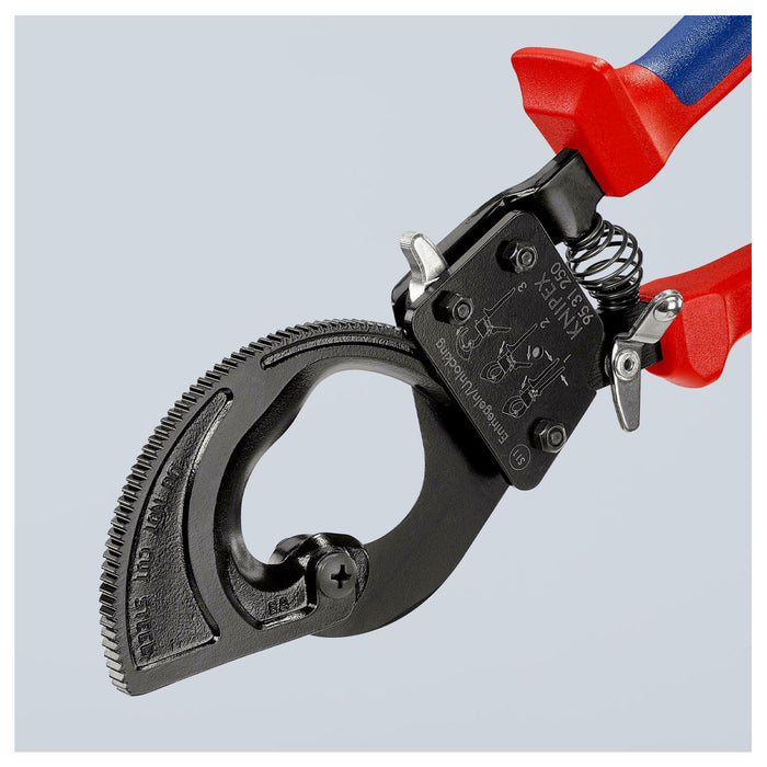 Kìm cắt cáp nhông 2 giai đoạn, cho cáp đồng và nhôm KNIPEX chiều dài từ 250mm - 280mm, sơn đen chống ăn mòn, tay cầm bọc nhựa chống trượt