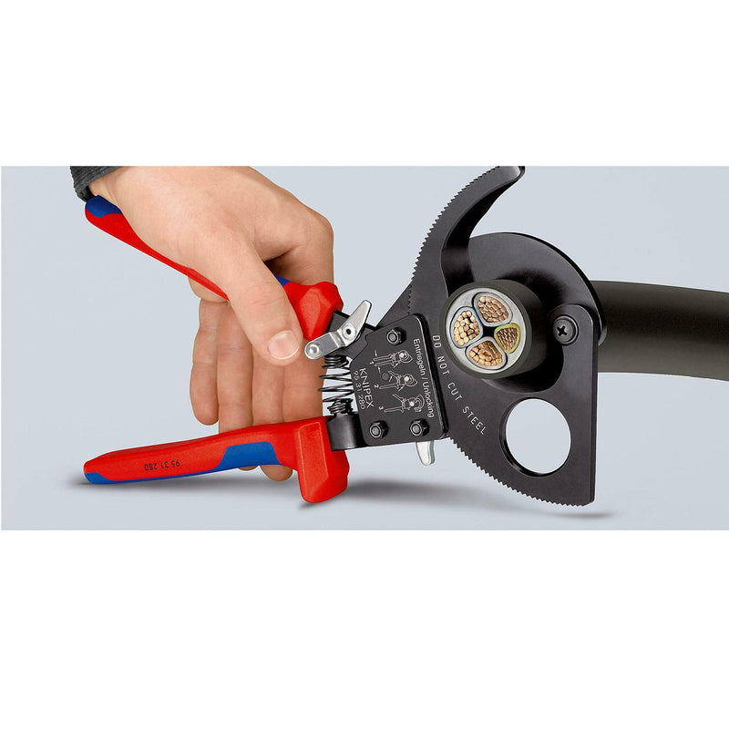 Kìm cắt cáp nhông 2 giai đoạn, cho cáp đồng và nhôm KNIPEX chiều dài từ 250mm - 280mm, sơn đen chống ăn mòn, tay cầm bọc nhựa chống trượt