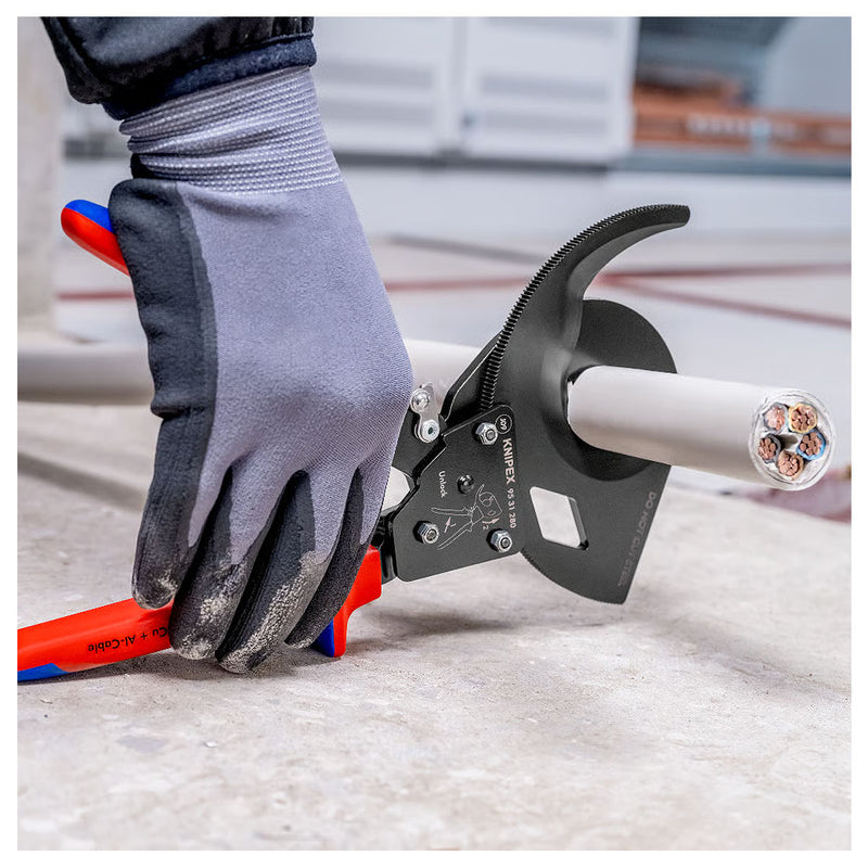Kìm cắt cáp nhông 2 giai đoạn, cho cáp đồng và nhôm KNIPEX chiều dài từ 250mm - 280mm, sơn đen chống ăn mòn, tay cầm bọc nhựa chống trượt