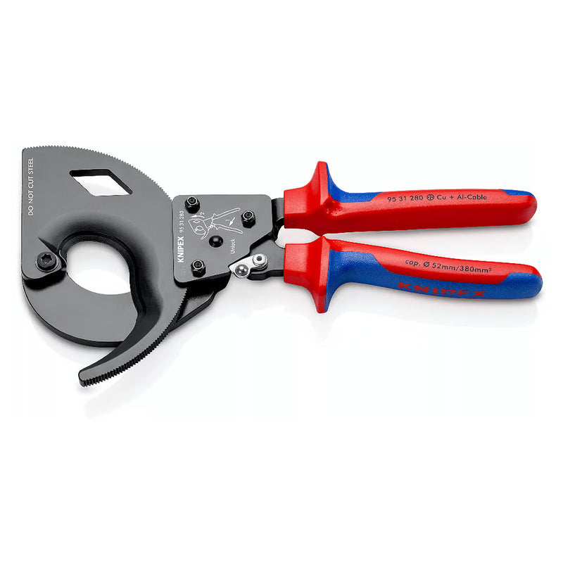 Kìm cắt cáp nhông 2 giai đoạn, cho cáp đồng và nhôm KNIPEX chiều dài từ 250mm - 280mm, sơn đen chống ăn mòn, tay cầm bọc nhựa chống trượt