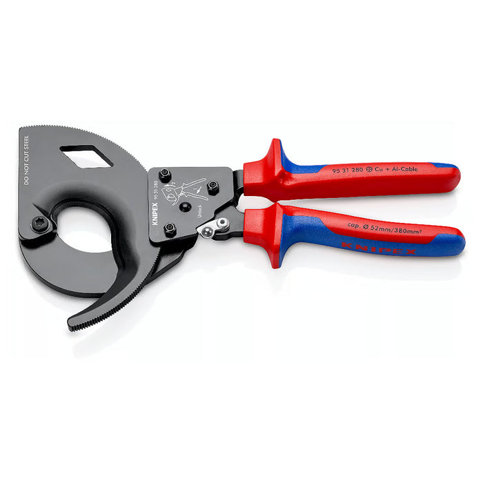 Kìm cắt cáp nhông 2 giai đoạn, cho cáp đồng và nhôm KNIPEX chiều dài từ 250mm - 280mm, sơn đen chống ăn mòn, tay cầm bọc nhựa chống trượt