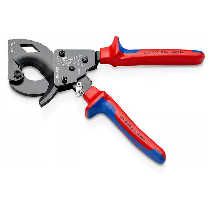 Kìm cắt cáp nhông 2 giai đoạn, cho cáp đồng và nhôm KNIPEX chiều dài từ 250mm - 280mm, sơn đen chống ăn mòn, tay cầm bọc nhựa chống trượt