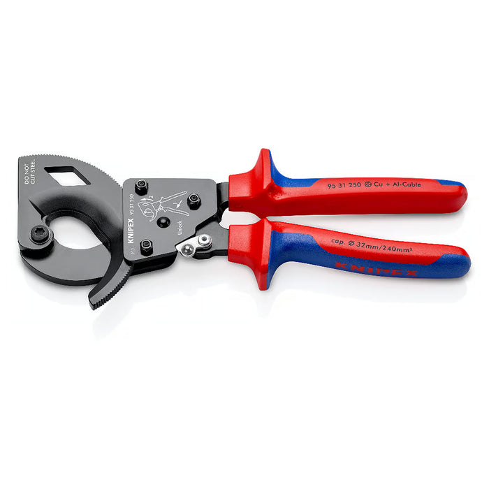 Kìm cắt cáp nhông 2 giai đoạn, cho cáp đồng và nhôm KNIPEX chiều dài từ 250mm - 280mm, sơn đen chống ăn mòn, tay cầm bọc nhựa chống trượt