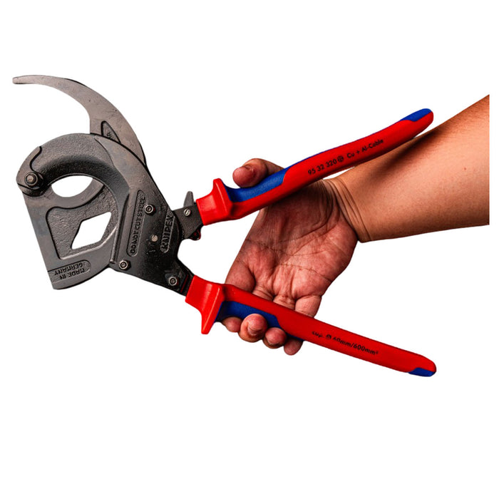 Kìm cắt cáp nhông 3 giai đoạn, cho cáp đồng và nhôm KNIPEX 95 32 320 chiều dài 320mm, mạ đen nhám, tay cầm bọc nhựa chống trượt