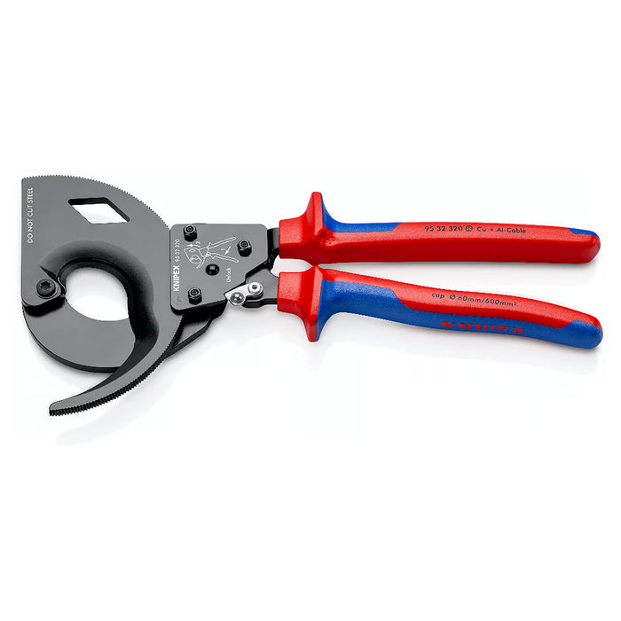 Kìm cắt cáp nhông 3 giai đoạn, cho cáp đồng và nhôm KNIPEX 95 32 320 chiều dài 320mm, mạ đen nhám, tay cầm bọc nhựa chống trượt