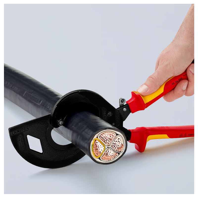 Kìm cắt cáp nhông 3 giai đoạn, cho cáp đồng và nhôm KNIPEX 95 36 320 cách điện 1000V, chiều dài 320mm, mạ đen nhám