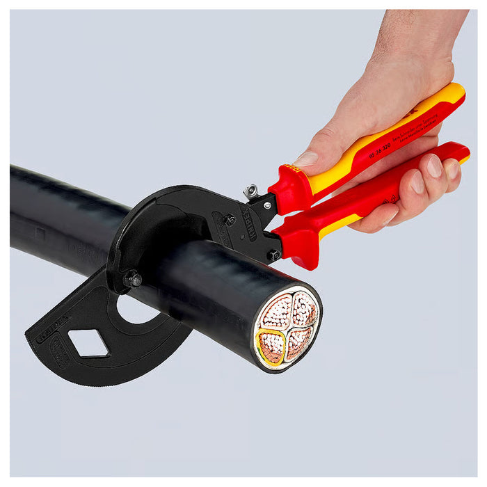 Kìm cắt cáp nhông 3 giai đoạn, cho cáp đồng và nhôm KNIPEX 95 36 320 cách điện 1000V, chiều dài 320mm, mạ đen nhám