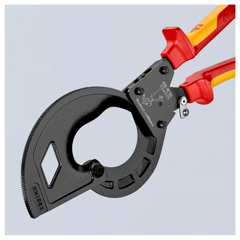 Kìm cắt cáp nhông 3 giai đoạn, cho cáp đồng và nhôm KNIPEX 95 36 320 cách điện 1000V, chiều dài 320mm, mạ đen nhám