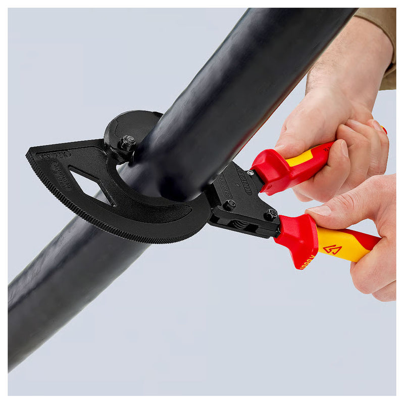 Kìm cắt cáp nhông 3 giai đoạn, cho cáp đồng và nhôm KNIPEX 95 36 320 cách điện 1000V, chiều dài 320mm, mạ đen nhám