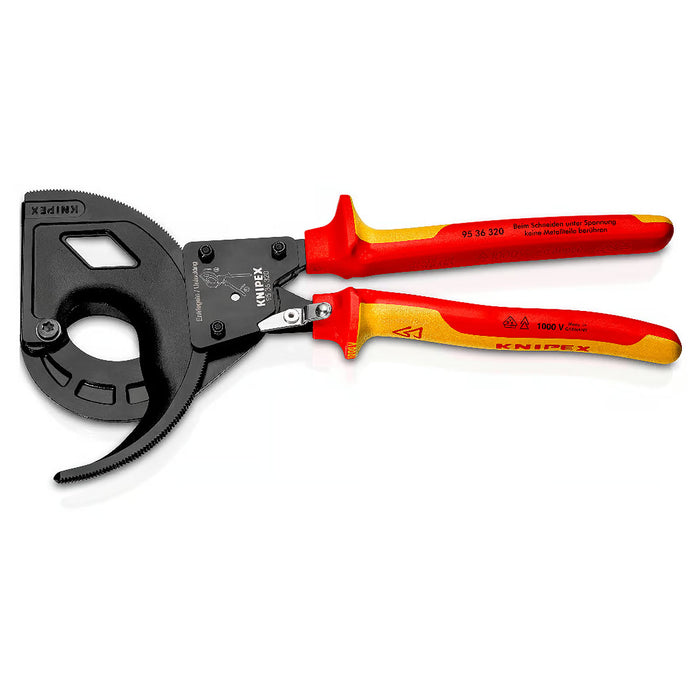 Kìm cắt cáp nhông 3 giai đoạn, cho cáp đồng và nhôm KNIPEX 95 36 320 cách điện 1000V, chiều dài 320mm, mạ đen nhám