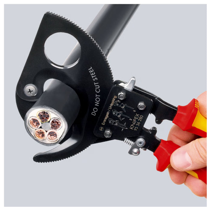 Kìm cắt cáp nhông 2 giai đoạn, cho cáp đồng và nhôm KNIPEX cách điện 1000V, chiều dài từ 250mm - 280mm, sơn đen chống ăn mòn