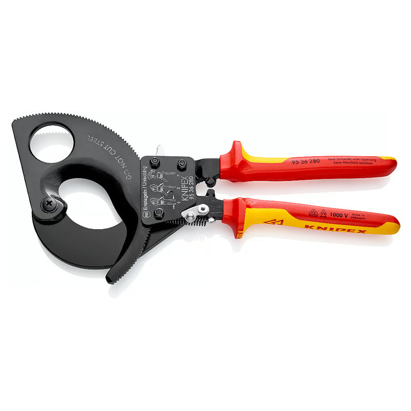 Kìm cắt cáp nhông 2 giai đoạn, cho cáp đồng và nhôm KNIPEX cách điện 1000V, chiều dài từ 250mm - 280mm, sơn đen chống ăn mòn