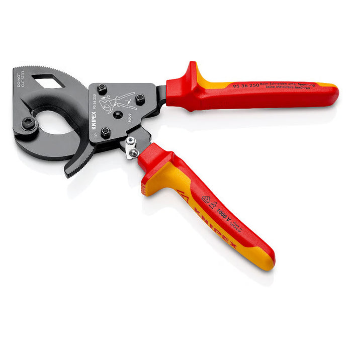 Kìm cắt cáp nhông 2 giai đoạn, cho cáp đồng và nhôm KNIPEX cách điện 1000V, chiều dài từ 250mm - 280mm, sơn đen chống ăn mòn