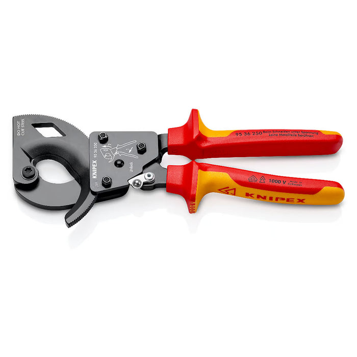 Kìm cắt cáp nhông 2 giai đoạn, cho cáp đồng và nhôm KNIPEX cách điện 1000V, chiều dài từ 250mm - 280mm, sơn đen chống ăn mòn