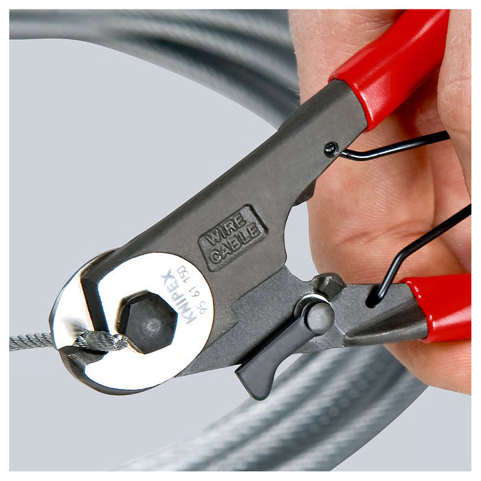 Kìm cắt cáp thép, chuyên cắt cáp Bowden KNIPEX 95 61 150 chiều dài 150mm, mạ đen nhám, tay cầm bọc nhựa kháng dầu mở