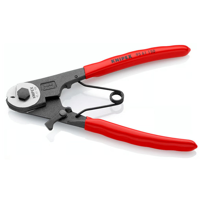 Kìm cắt cáp thép, chuyên cắt cáp Bowden KNIPEX 95 61 150 chiều dài 150mm, mạ đen nhám, tay cầm bọc nhựa kháng dầu mở