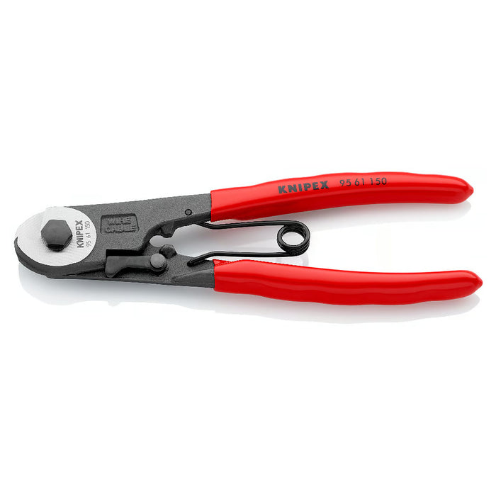 Kìm cắt cáp thép, chuyên cắt cáp Bowden KNIPEX 95 61 150 chiều dài 150mm, mạ đen nhám, tay cầm bọc nhựa kháng dầu mở