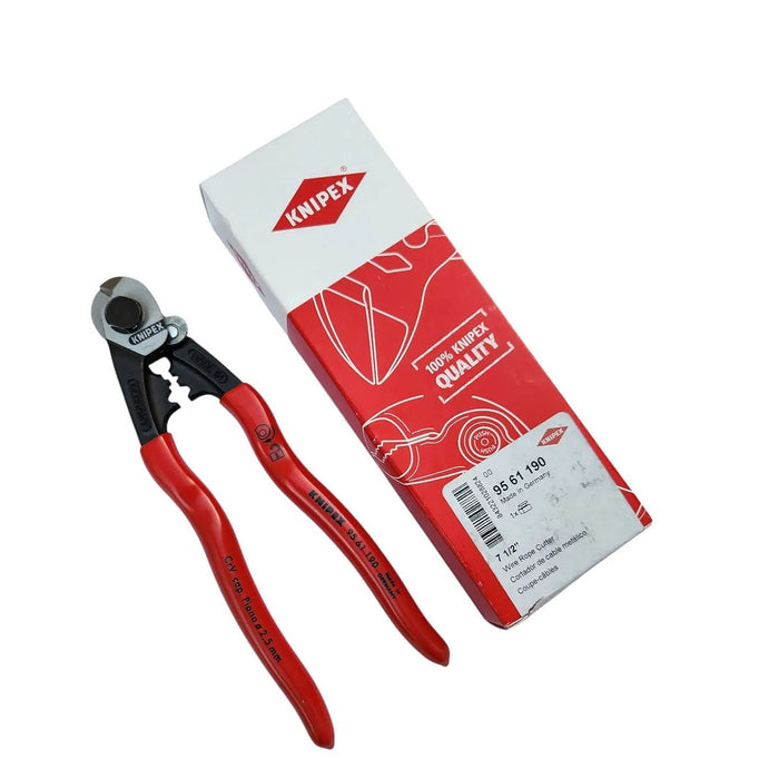 Kìm cắt cáp thép, có lỗ bấm đầu khuyên KNIPEX 95 61 190 chiều dài 190mm, mạ đen nhám, tay cầm bọc nhựa kháng dầu mở