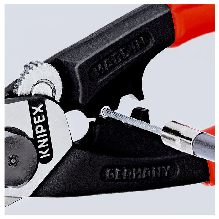 Kìm cắt cáp thép, có lỗ bấm đầu khuyên KNIPEX 95 61 190 chiều dài 190mm, mạ đen nhám, tay cầm bọc nhựa kháng dầu mở