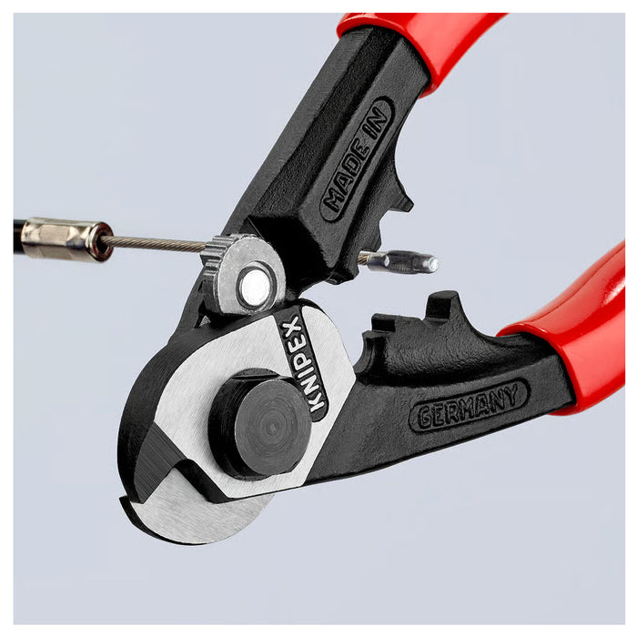 Kìm cắt cáp thép, có lỗ bấm đầu khuyên KNIPEX 95 61 190 chiều dài 190mm, mạ đen nhám, tay cầm bọc nhựa kháng dầu mở