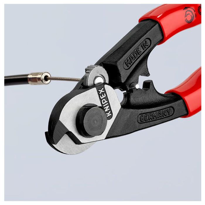 Kìm cắt cáp thép, có lỗ bấm đầu khuyên KNIPEX 95 61 190 chiều dài 190mm, mạ đen nhám, tay cầm bọc nhựa kháng dầu mở