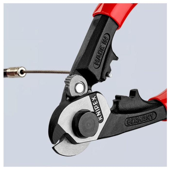 Kìm cắt cáp thép, có lỗ bấm đầu khuyên KNIPEX 95 61 190 chiều dài 190mm, mạ đen nhám, tay cầm bọc nhựa kháng dầu mở