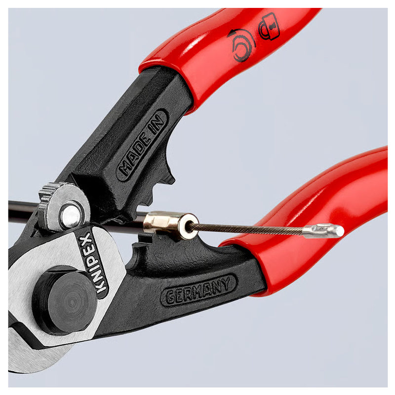 Kìm cắt cáp thép, có lỗ bấm đầu khuyên KNIPEX 95 61 190 chiều dài 190mm, mạ đen nhám, tay cầm bọc nhựa kháng dầu mở