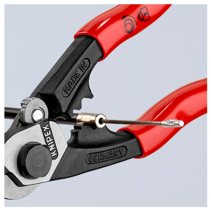 Kìm cắt cáp thép, có lỗ bấm đầu khuyên KNIPEX 95 61 190 chiều dài 190mm, mạ đen nhám, tay cầm bọc nhựa kháng dầu mở