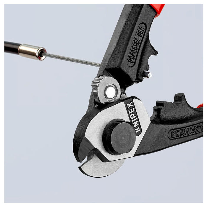 Kìm cắt cáp thép, có lỗ bấm đầu khuyên KNIPEX 95 61 190 chiều dài 190mm, mạ đen nhám, tay cầm bọc nhựa kháng dầu mở