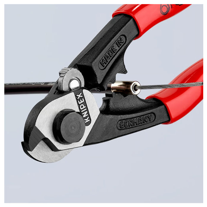 Kìm cắt cáp thép, có lỗ bấm đầu khuyên KNIPEX 95 61 190 chiều dài 190mm, mạ đen nhám, tay cầm bọc nhựa kháng dầu mở