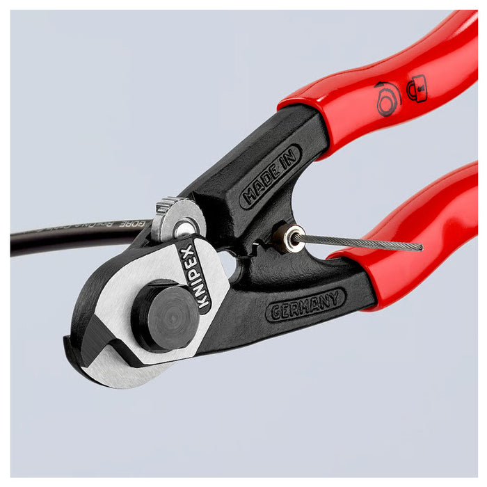 Kìm cắt cáp thép, có lỗ bấm đầu khuyên KNIPEX 95 61 190 chiều dài 190mm, mạ đen nhám, tay cầm bọc nhựa kháng dầu mở