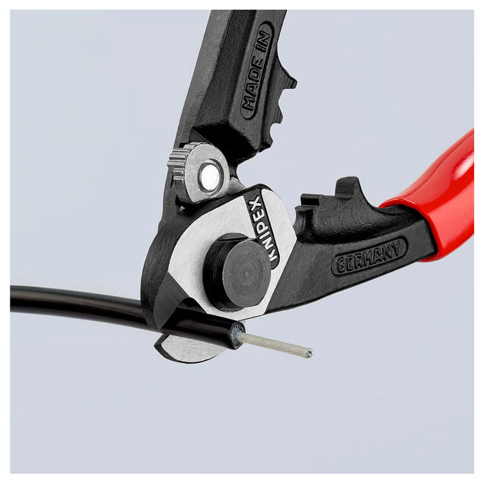 Kìm cắt cáp thép, có lỗ bấm đầu khuyên KNIPEX 95 61 190 chiều dài 190mm, mạ đen nhám, tay cầm bọc nhựa kháng dầu mở