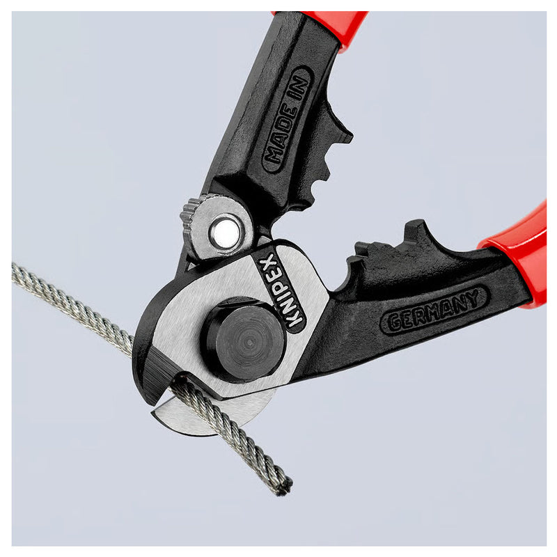 Kìm cắt cáp thép, có lỗ bấm đầu khuyên KNIPEX 95 61 190 chiều dài 190mm, mạ đen nhám, tay cầm bọc nhựa kháng dầu mở