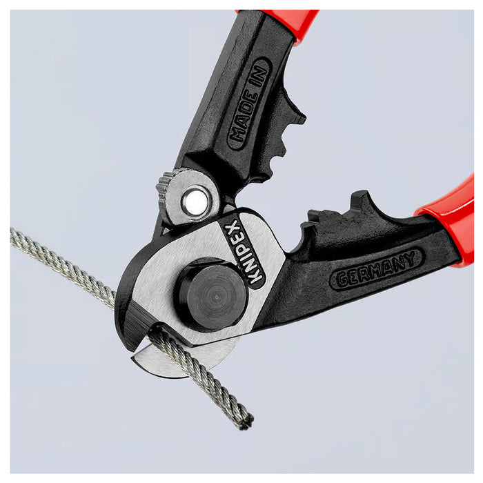 Kìm cắt cáp thép, có lỗ bấm đầu khuyên KNIPEX 95 61 190 chiều dài 190mm, mạ đen nhám, tay cầm bọc nhựa kháng dầu mở