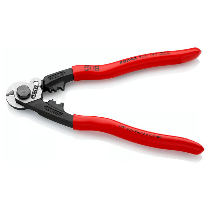 Kìm cắt cáp thép, có lỗ bấm đầu khuyên KNIPEX 95 61 190 chiều dài 190mm, mạ đen nhám, tay cầm bọc nhựa kháng dầu mở