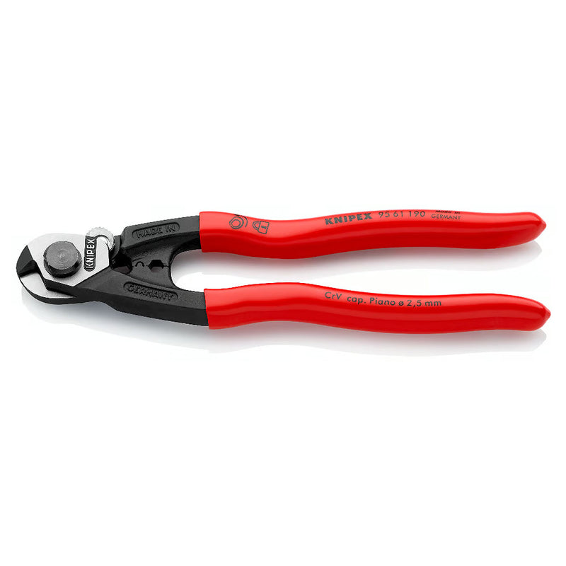 Kìm cắt cáp thép, có lỗ bấm đầu khuyên KNIPEX 95 61 190 chiều dài 190mm, mạ đen nhám, tay cầm bọc nhựa kháng dầu mở