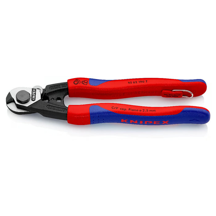 Kìm cắt cáp thép, có lỗ bấm đầu khuyên KNIPEX chiều dài 190mm, mạ đen nhám, tay cầm bọc nhựa chống trượt