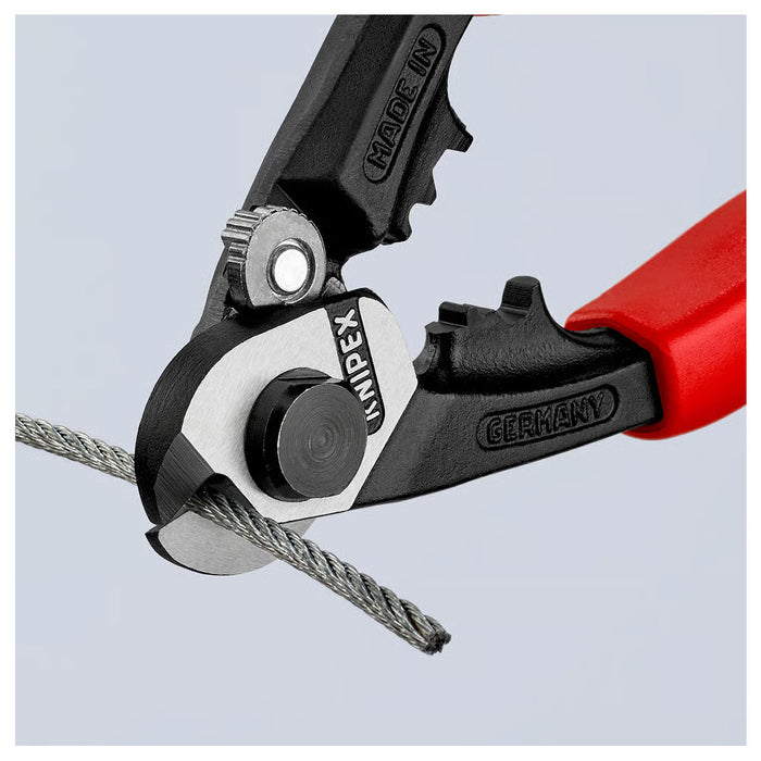 Kìm cắt cáp thép, có lỗ bấm đầu khuyên KNIPEX chiều dài 190mm, mạ đen nhám, tay cầm bọc nhựa chống trượt