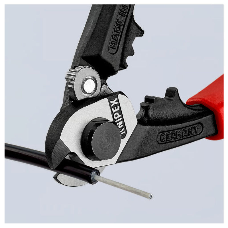 Kìm cắt cáp thép, có lỗ bấm đầu khuyên KNIPEX chiều dài 190mm, mạ đen nhám, tay cầm bọc nhựa chống trượt