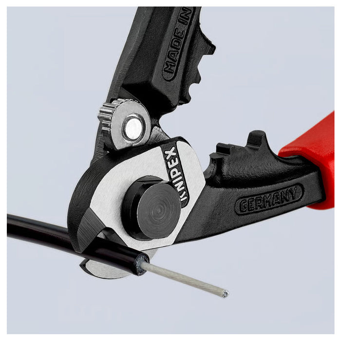 Kìm cắt cáp thép, có lỗ bấm đầu khuyên KNIPEX chiều dài 190mm, mạ đen nhám, tay cầm bọc nhựa chống trượt