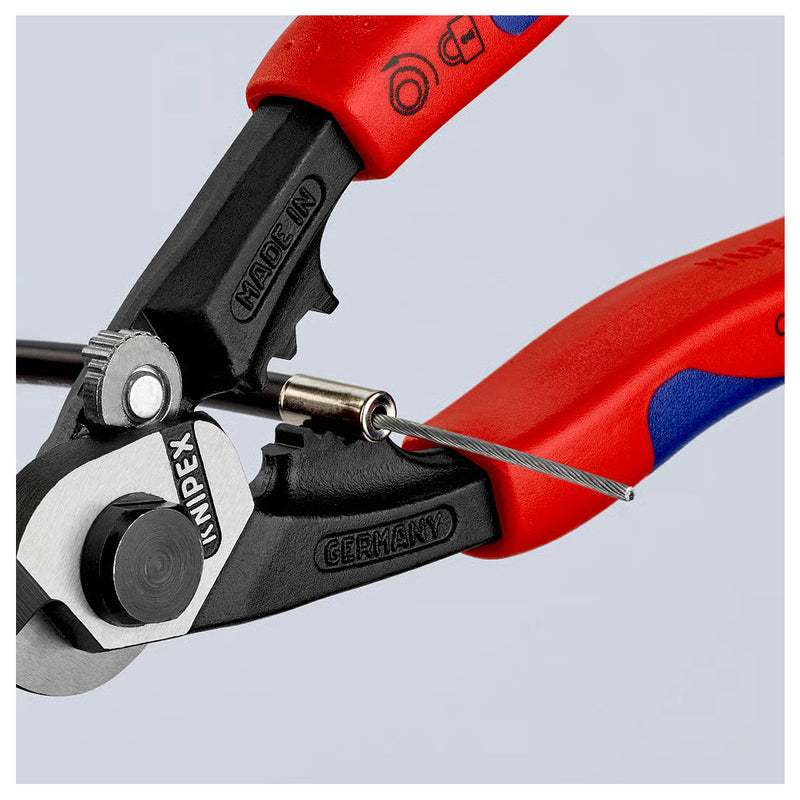 Kìm cắt cáp thép, có lỗ bấm đầu khuyên KNIPEX chiều dài 190mm, mạ đen nhám, tay cầm bọc nhựa chống trượt