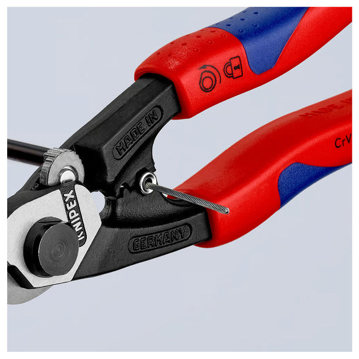 Kìm cắt cáp thép, có lỗ bấm đầu khuyên KNIPEX chiều dài 190mm, mạ đen nhám, tay cầm bọc nhựa chống trượt
