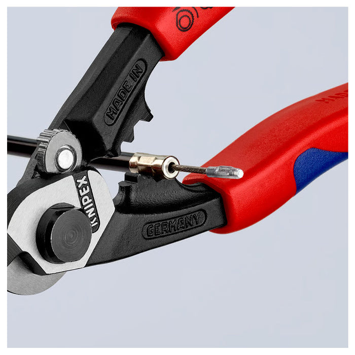 Kìm cắt cáp thép, có lỗ bấm đầu khuyên KNIPEX chiều dài 190mm, mạ đen nhám, tay cầm bọc nhựa chống trượt