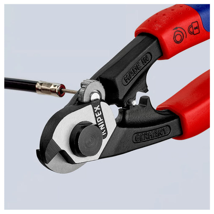 Kìm cắt cáp thép, có lỗ bấm đầu khuyên KNIPEX chiều dài 190mm, mạ đen nhám, tay cầm bọc nhựa chống trượt