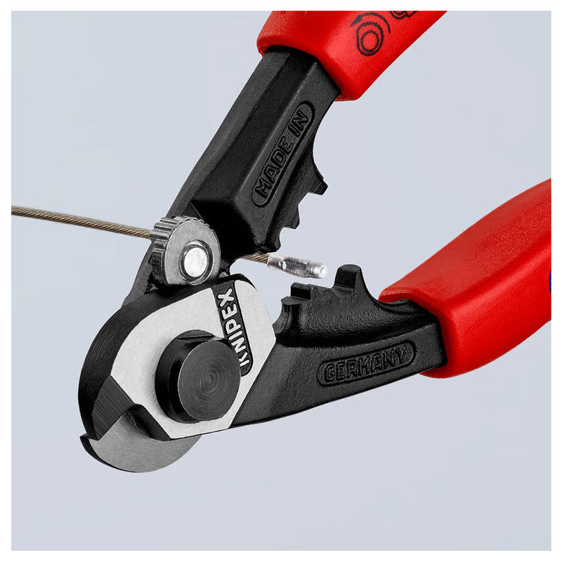 Kìm cắt cáp thép, có lỗ bấm đầu khuyên KNIPEX chiều dài 190mm, mạ đen nhám, tay cầm bọc nhựa chống trượt