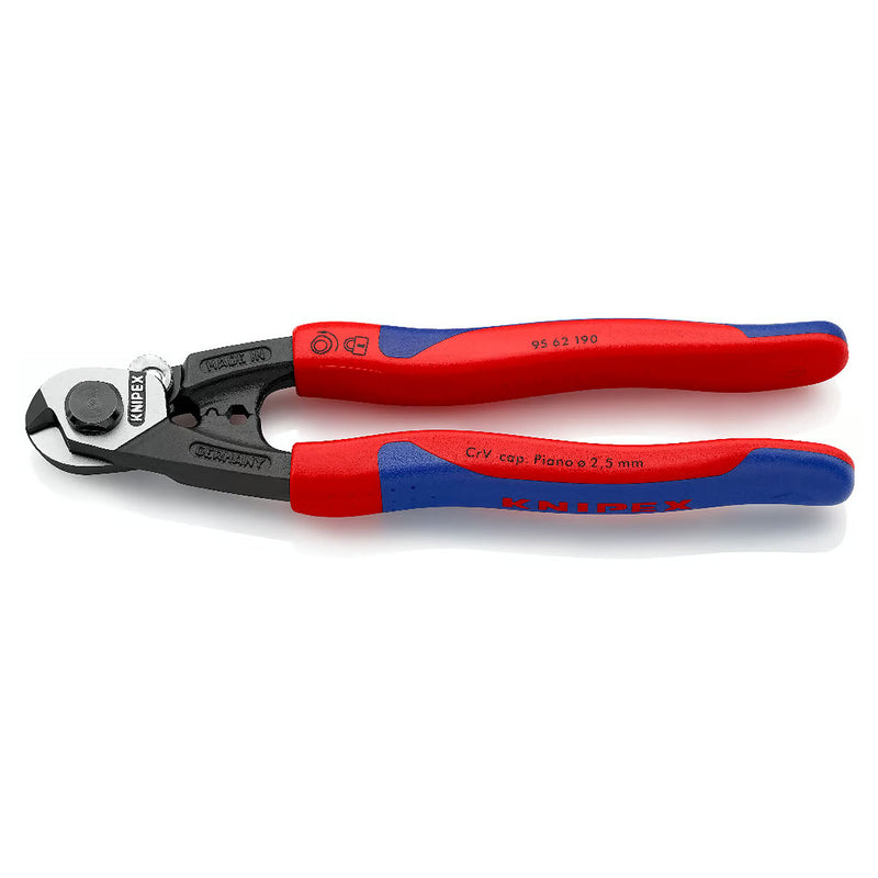 Kìm cắt cáp thép, có lỗ bấm đầu khuyên KNIPEX chiều dài 190mm, mạ đen nhám, tay cầm bọc nhựa chống trượt